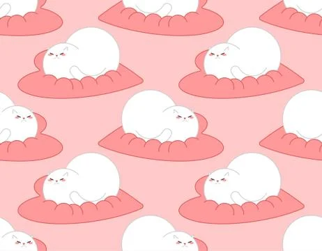 Cat on heart pattern seamless. Pet sleeping soft love background. Cute baby c Stock Illustration