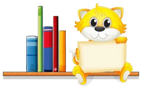 A cat holding an empty board above the wooden shelf with books Stock Illustration