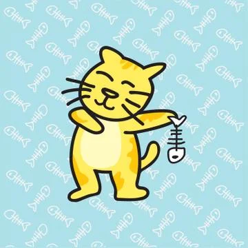 Cat holding a fishbone  vector illustration. Stock Illustration