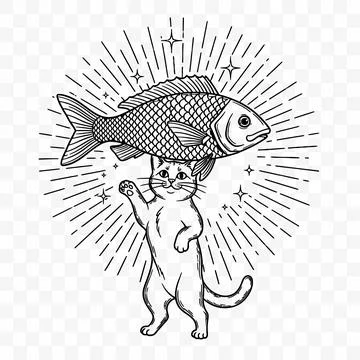 Cat holding large fish above head, vintage illustration vector art Ilustração Stock