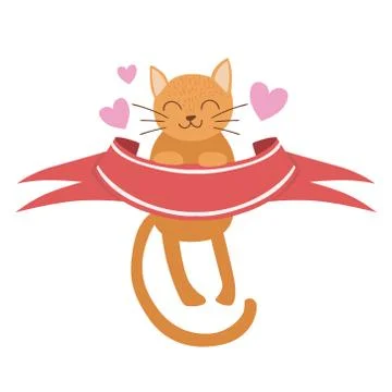 Cat Holding Red Ribbon Vector Sticker, Template St. Valentines Day Message Stock Illustration