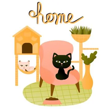 Cat house concept with hand drawn home lettering isolated on white background Stock Illustration