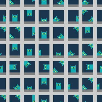 Cat house pattern seamless. Cat in window background. Baby fabric texture Stock Illustration