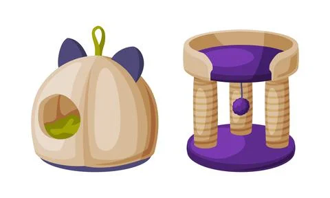 Cat house with scratching posts and pet house. Supplies for domestic animals set Stock Illustration