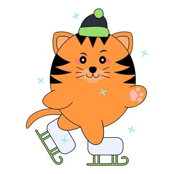 Cat ice skating wearing winter hat cold season vector illustration isolated Stock Illustration