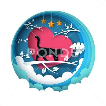 Cat illustration. Cartoon paper landscape. Stock Illustration