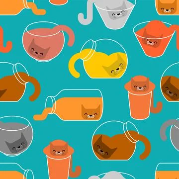 Cat inside jar pattern seamless. kitten inside transparent glass pot backgrou Stock Illustration