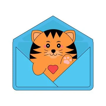 Cat inside open envelope mail love letter heart vector illustration isolated Stock Illustration