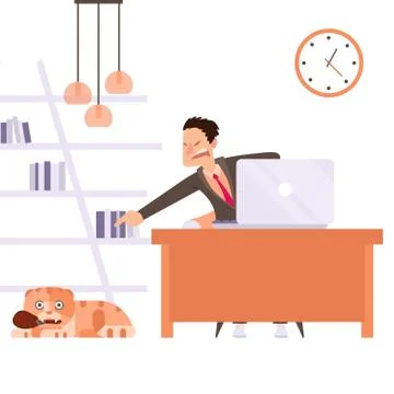 Cat interfere remote worker, owner scold pet result vector illustration. Man Stock Illustration
