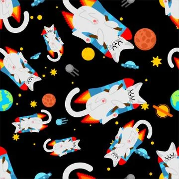 Cat jet pack pattern seamless. Pet is on rocket background. Baby fabric ornam Stock Illustration