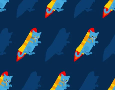 Cat jet pack pattern seamless. Pet is on rocket background. Baby fabric ornam Illustrazione stock