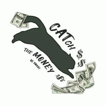 Cat jumping into heap of 100 dollar bills Stock Illustration