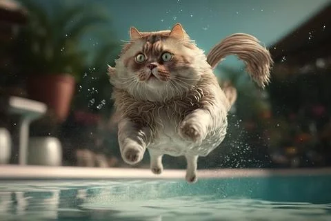 A cat jumping into a pool of water with its front paws in the air and it's .. Stock Illustration