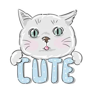 Cat kitten grey face head with lettering inscription Cute Stock Illustration