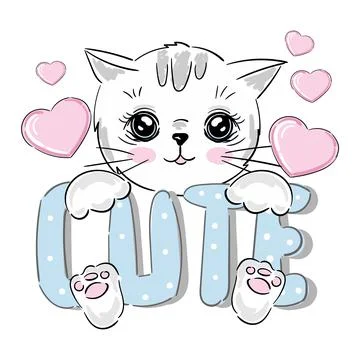 Cat kitten white face head with lettering inscription Cute Stock Illustration