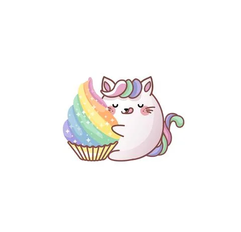 Cat Kitty kitten hug cupcake dessert delicious kawaii chibi Japanese style Emoji Stock Illustration