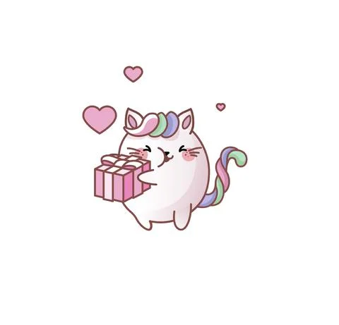 Cat Kitty kitten hug package gift joy kawaii chibi Japanese style Emoji Stock Illustration