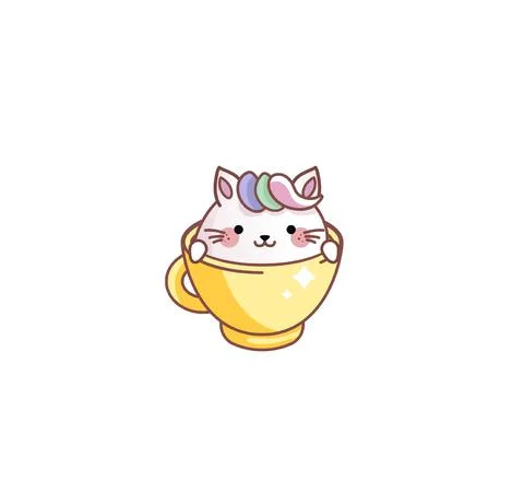 Cat Kitty kitten sitting peeks out cup kawaii chibi Japanese style Emoji Stock Illustration