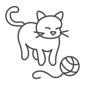 Cat, kitty plays with clew thin line icon, pets concept, kitten and yarn ball Stock Illustration