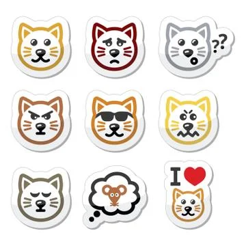 Cat labels set - happy, sad, angry isolated on white Stock-Illustration