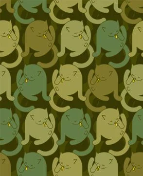 Cat licks itself. military pattern. Pet clothing texture. Army background. Pr Stock Illustration