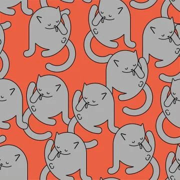 Cat licks itself pattern seamless. Home pet ornament. Animal texture. Vector  Stock Illustration