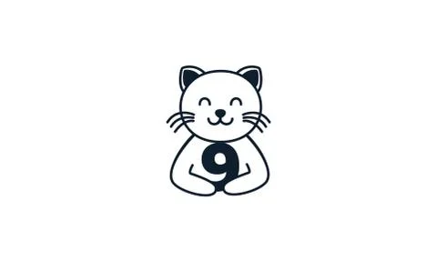 Cat line with number 9 Stock Illustration