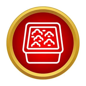 Cat litter box with waste in red button icon Stock Illustration