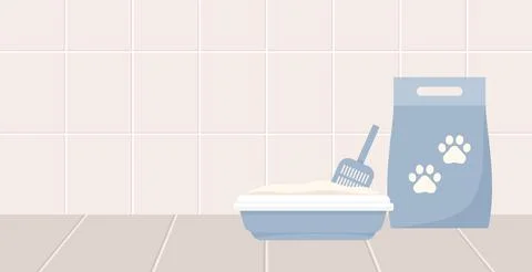 Cat litter package and cat toilet tray with showel in the bathroom Stock Illustration