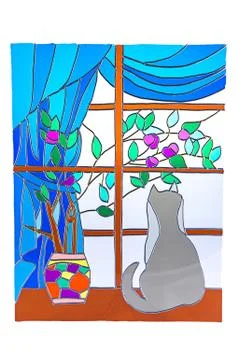 The cat looking out the window - stained glass Stock Illustration