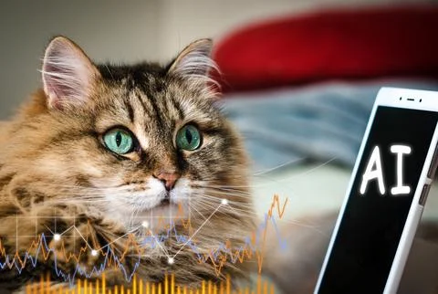 Cat looking at smartphone mobile cell phone. selective focus. Future Artifici Stock Photos
