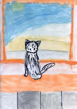 The cat looks out the window. Drawing with watercolors Stock Illustration