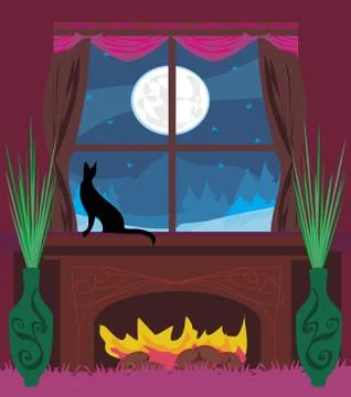 Cat looks out the window Stock Illustration