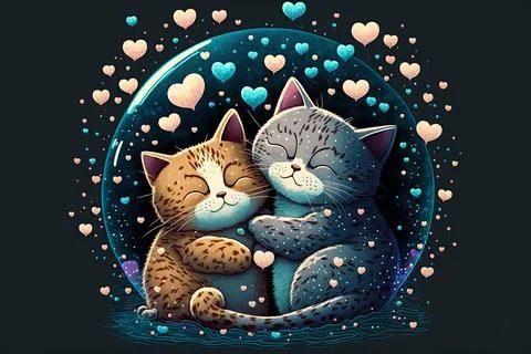 Cat love. Cat couple hugging, cudling and kissing. Valentines day card. Val.. Stock Illustration