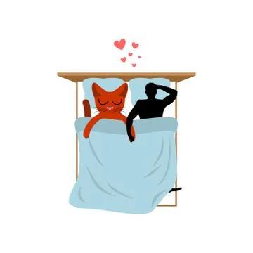 Cat lover in bed. my kitty. Lovers in Bedroom. Pet and guy. Romantic date Illustrazione stock