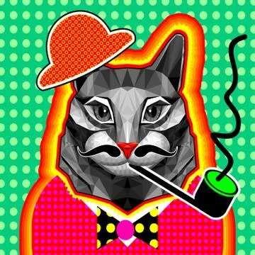 A cat in a low-poly style smokes a pipe. Pop art. Zin culture. surrealism Stock Illustration