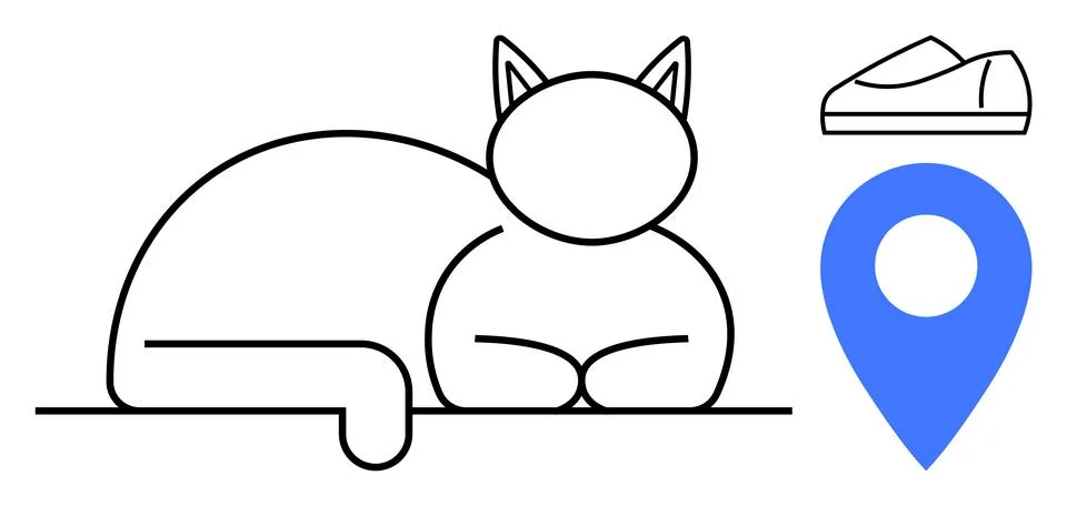 Cat lying down drawn in a black outline next to blue location pin and sneaker Illustrazione stock