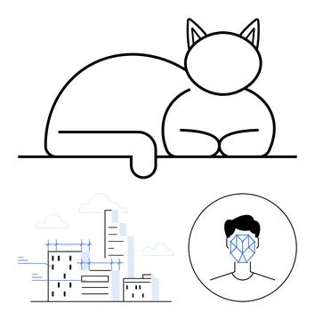 Cat lying in a minimalist line style, high-rise city buildings with blue scaf Stock Illustration