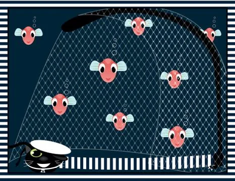 Cat with a many fish Stock Illustration