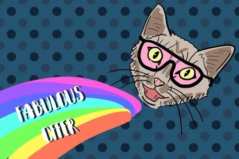 Cat meme with copy space for your text. Space cat and rainbow - bizarre tripp Stock Illustration