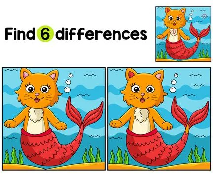 Cat Mermaid Find The Differences Stock Illustration