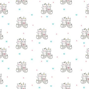 Cat Mermaid seamless pattern. Happy twins. Vector illustration EPS 10 Illustrazione stock