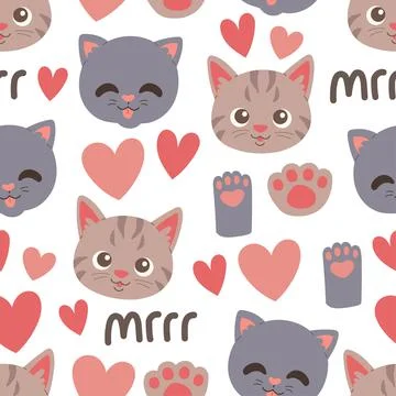Cat muzzle and paw seamless pattern vector Stock Illustration