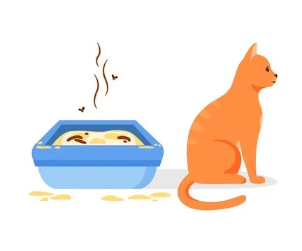 Cat not using dirty litter box. Wrong way to maintain cat toilet. Pet toilet Stock Illustration
