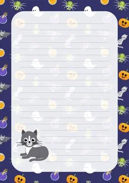 Cat. Note paper. Halloween notebook sheet. Cartoon, flat, vector Stock Illustration