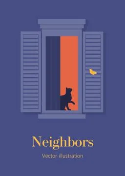 Cat in the open window. Neighbors. Facade of a residential building. Ilustración de archivo