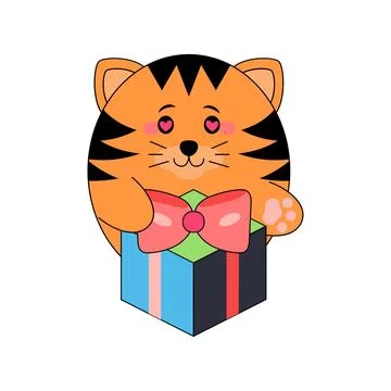 Cat opening gift box present birthday celebration vector illustration isolated Stock Illustration