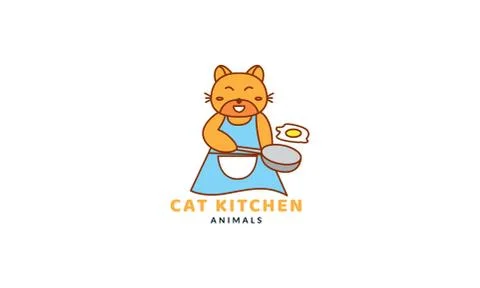 Cat or kitty or kitten or pet cooking on kitchen cute cartoon  logo Illustration