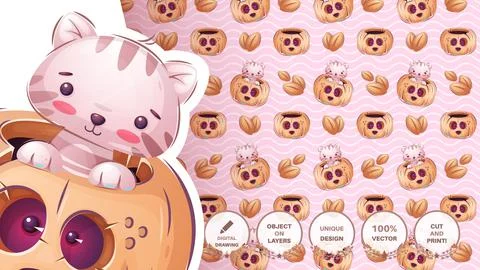 Cat in pampkin - seamless pattern Stock Illustration