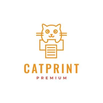 Cat with paper printer cute modern mascot cartoon character simple line sty.. Stock Illustration
